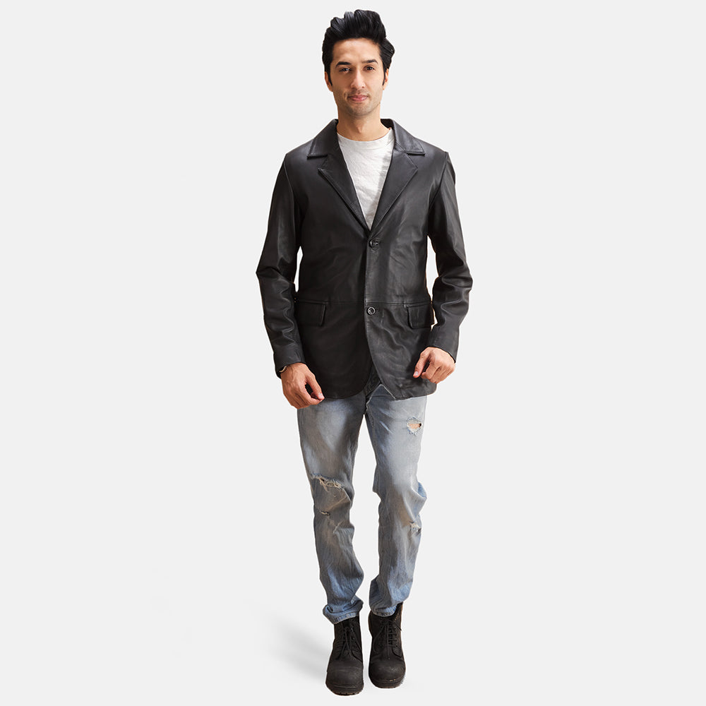 
Alyson Noir Blazer en Cuir en Cuir pour Homme - Vue de profil mettant en valeur la coupe de manche ergonomique