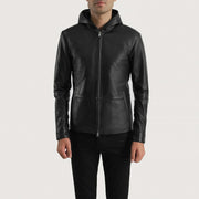 Men's Andy Matte Noir Hooded Veste en Cuir pour Homme in Matte Black Sheepskin Leather - Vue de face &amp; silhouette ajustée | Acheter en ligne