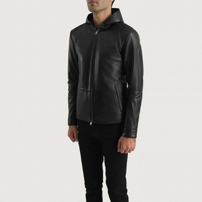 Andy Matte Noir Hooded Veste en Cuir pour Homme