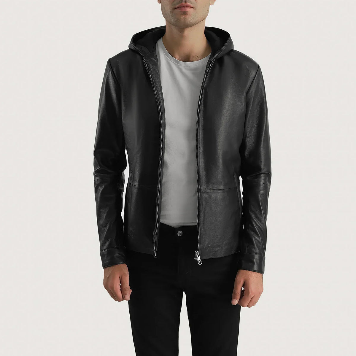 Men's Andy Matte Noir Hooded Veste en Cuir pour Homme - Vue de profil avec coupe de manche ergonomique