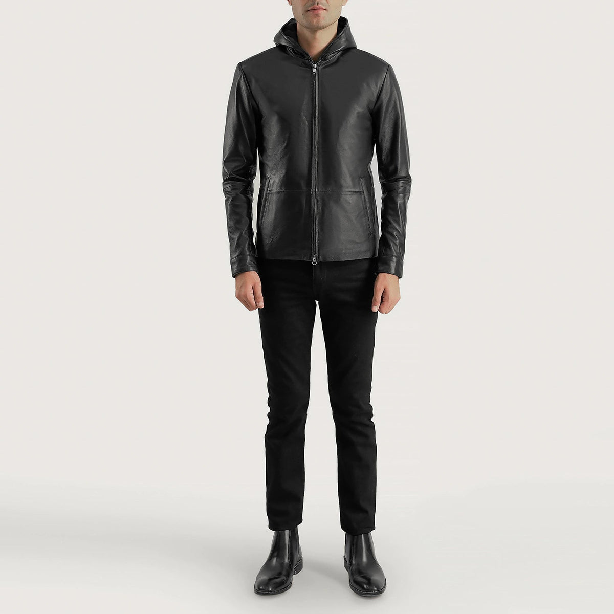 Vue détaillée of Hooded &amp; Zipper Hardware on Men's Andy Matte Noir Hooded Veste en Cuir pour Homme