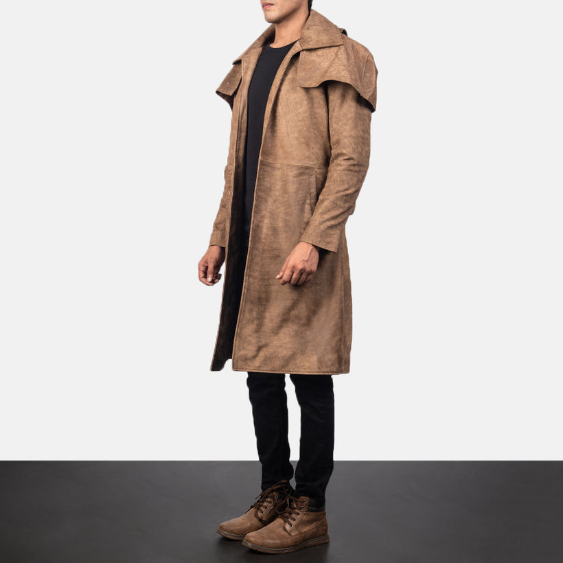 Army Marron Leather Duster pour Homme