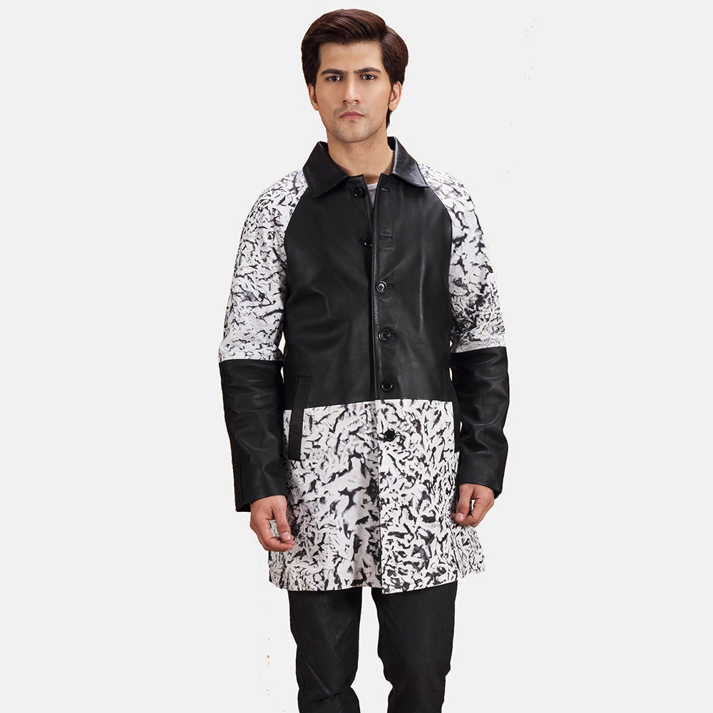Men's Artistry Noir Dye Manteau en Cuir pour Homme in Black &amp; White Sheepskin Dip &amp;Amp; Dye - Vue de face &amp; silhouette ajustée | Acheter en ligne