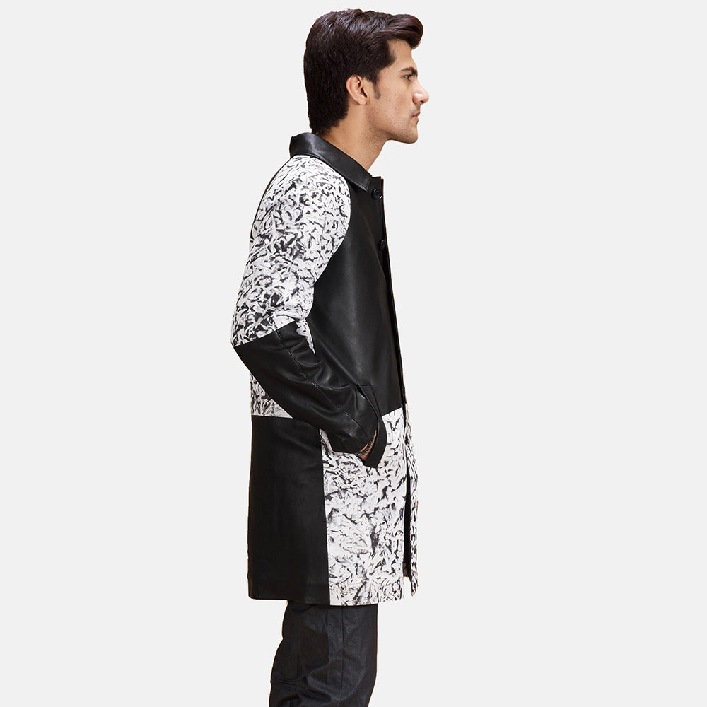 Black &amp; White Sheepskin Dip &amp;Amp; Dye Leather Coat - Vue de dos avec coupe ajustée aux épaules &amp; ourlet soigné