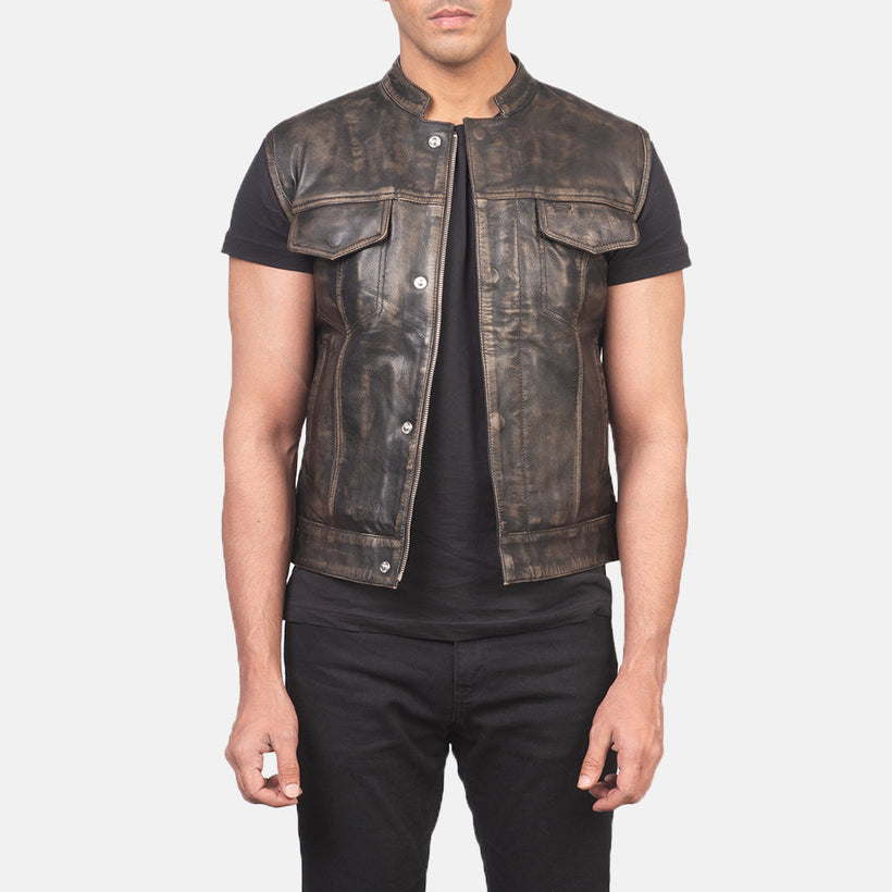 Atlas Moto Patine Usée Marron Gilet en Cuir pour Homme