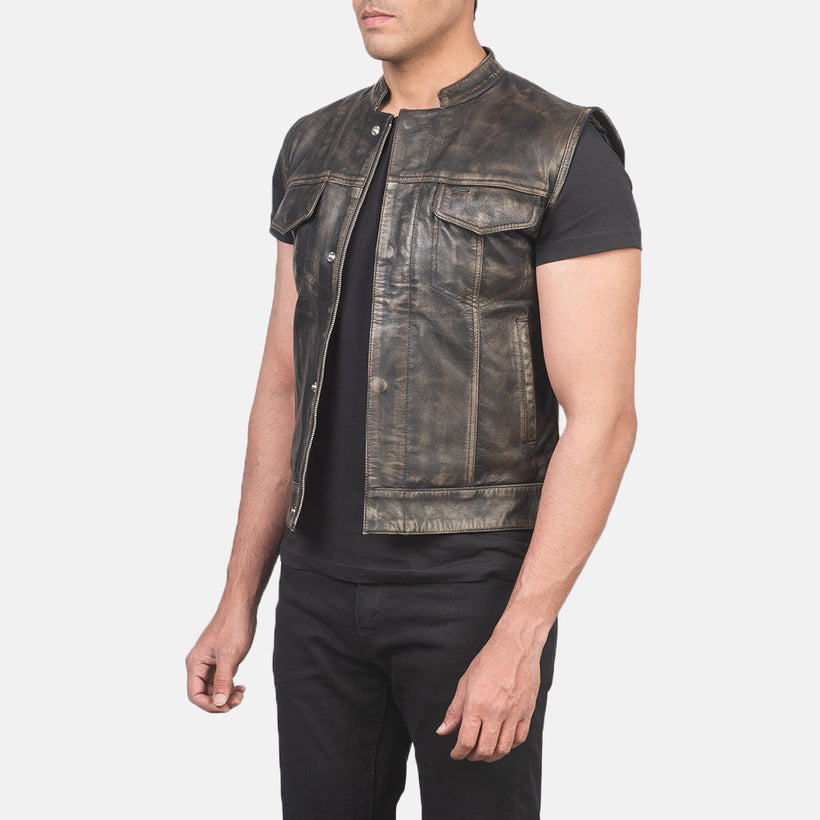 Atlas Moto Patine Usée Marron Gilet en Cuir pour Homme