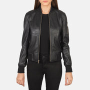 Women's Ava Ma-1 Black Leather Bomber Jacket in Black Sheepskin Leather - Vue de face &amp; silhouette ajustée | Acheter en ligne