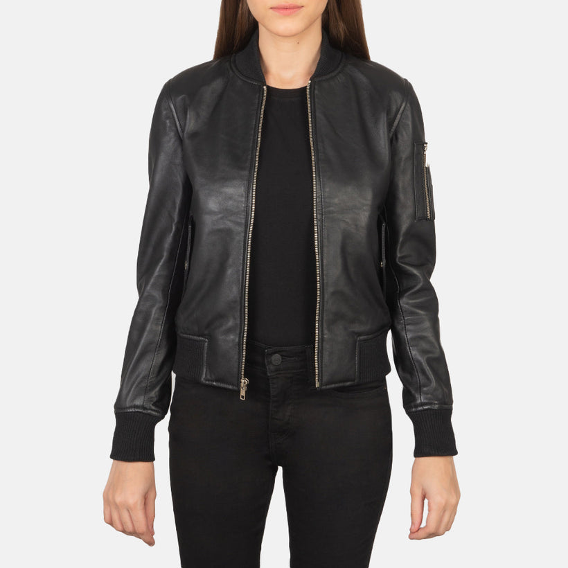 Ava MA-1 Noir Blouson Bomber en Cuir pour Femme