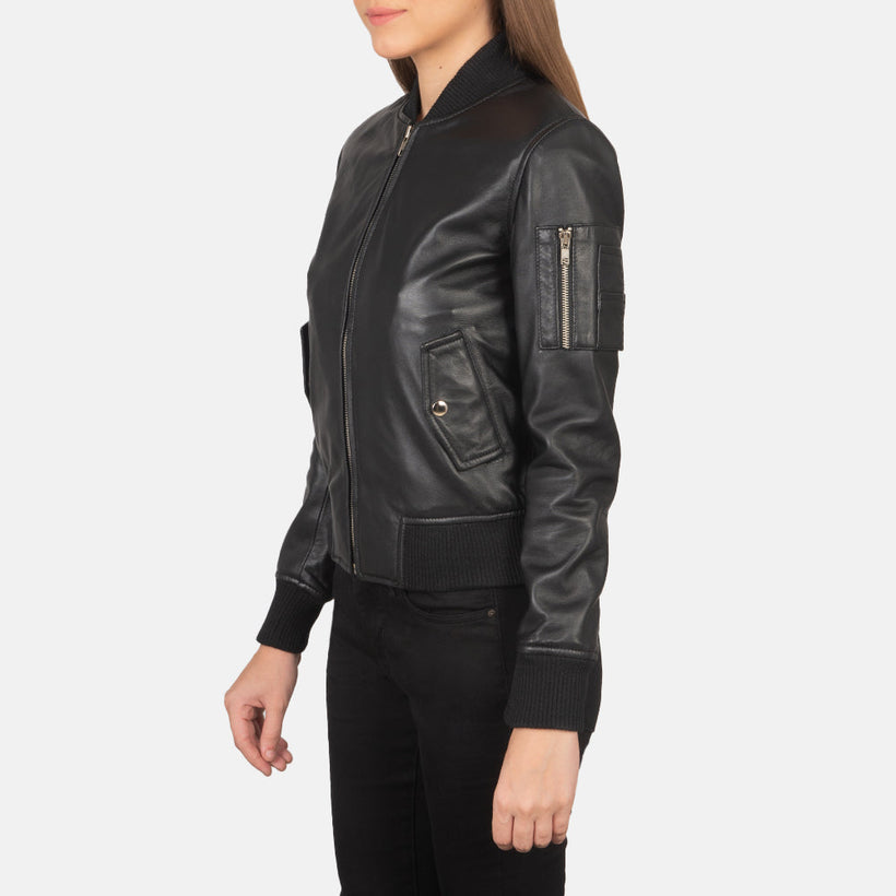 Ava MA-1 Noir Blouson Bomber en Cuir pour Femme
