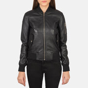 Vue détaillée of Rib Knit &amp; Zipper Hardware on Women's Ava Ma-1 Black Leather Bomber Jacket