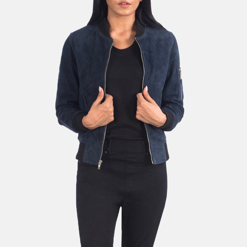 Ava MA-1 Bleu Suede Blouson Bomber en Cuir pour Femme