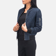 Blue Sheepskin Suede Bomber Jacket - Vue de dos avec coupe ajustée aux épaules &amp; ourlet soigné