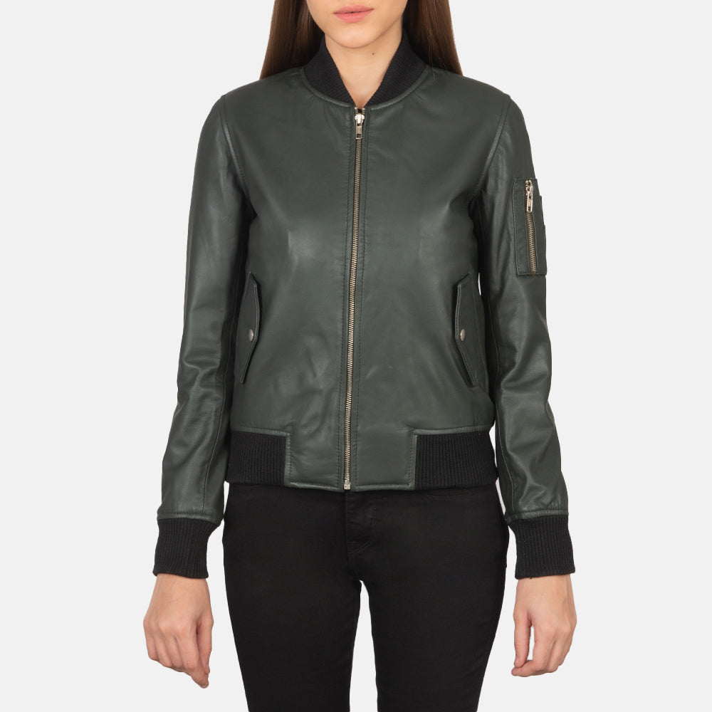 Vue détaillée of Rib Knit &amp; Zipper Hardware on Ava Ma-1 Green Leather Bomber Jacket