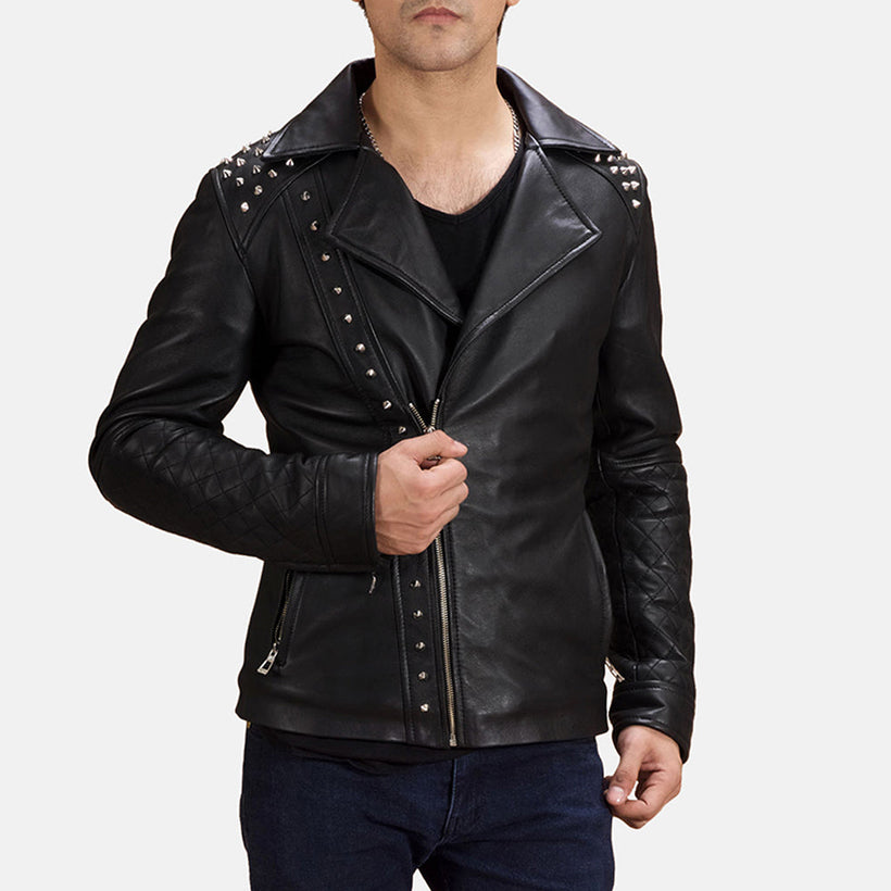 Noir Studded Veste Motard en Cuir pour Homme