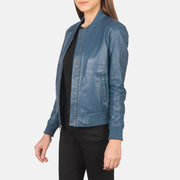 
Blue Sheepskin Leather Bomber Jacket - Vue arrière montrant la carrure ajustée et l'ourlet net