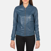 
Vue détaillée of Varsity - Rib Knit & Zipper with Wind Flap Hardware on Bliss Bleu Blouson Bombardier en Cuir pour Femme