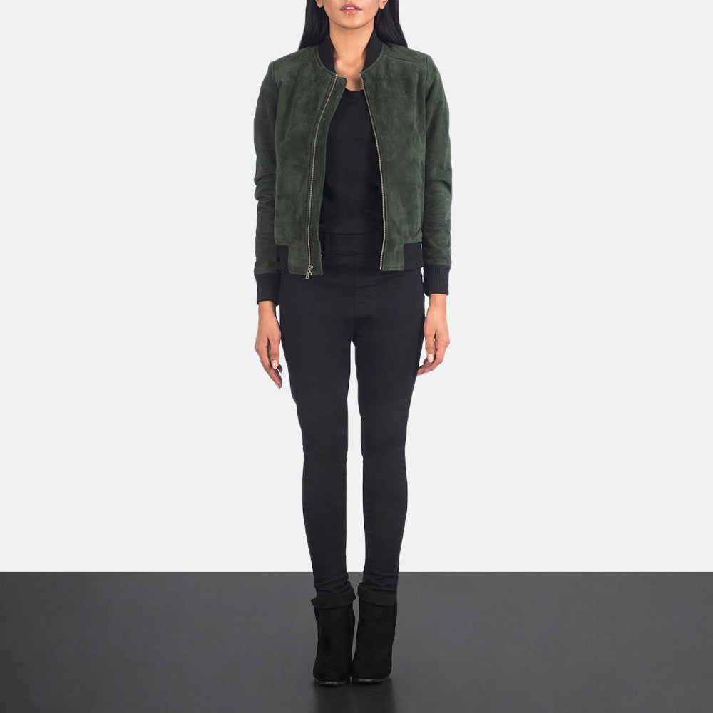 Women's Bliss Vert Suede Blouson Bomber en Cuir pour Femme - Vue de profil avec coupe de manche ergonomique