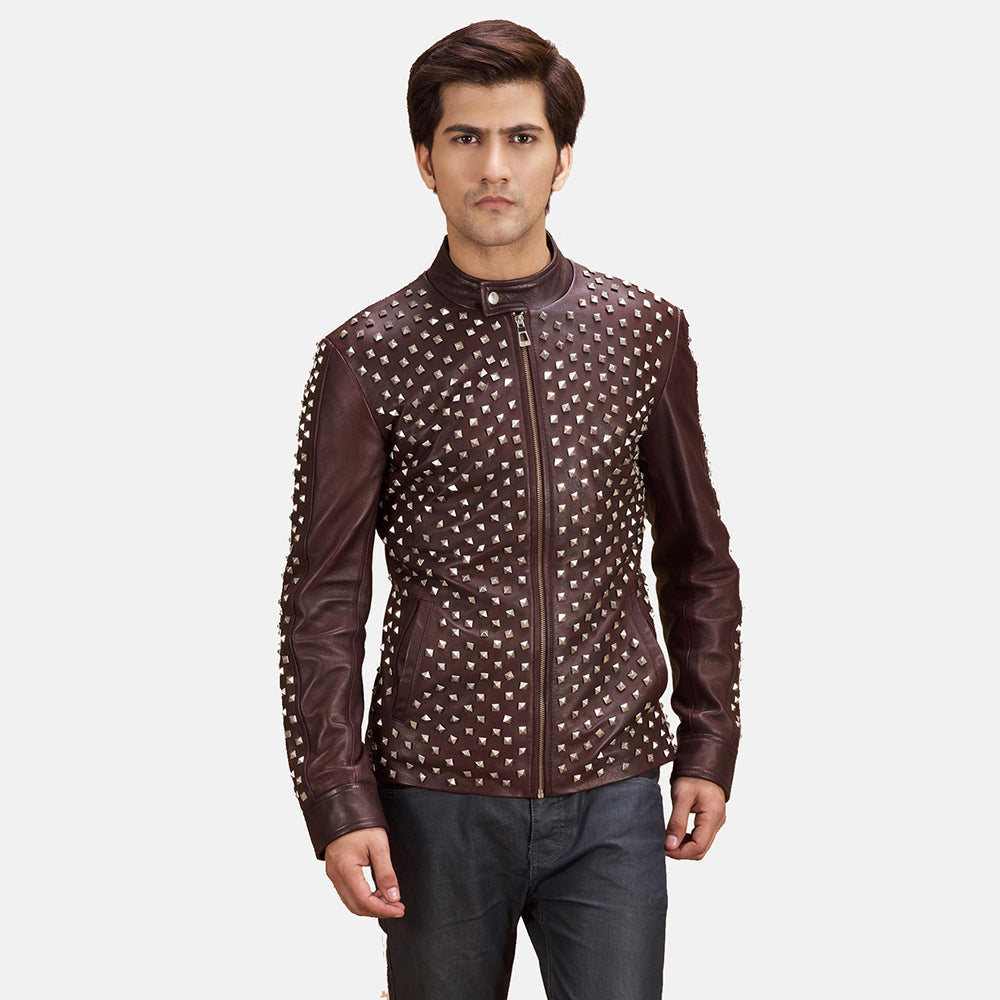 Blix Bono Bordeaux Veste Motard en Cuir pour Homme in Maroon Sheepskin Leather - Vue de face &amp; silhouette ajustée | Acheter en ligne