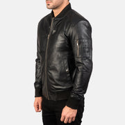
Black Sheepskin Leather Bomber Jacket - Vue arrière montrant la carrure ajustée et l'ourlet net