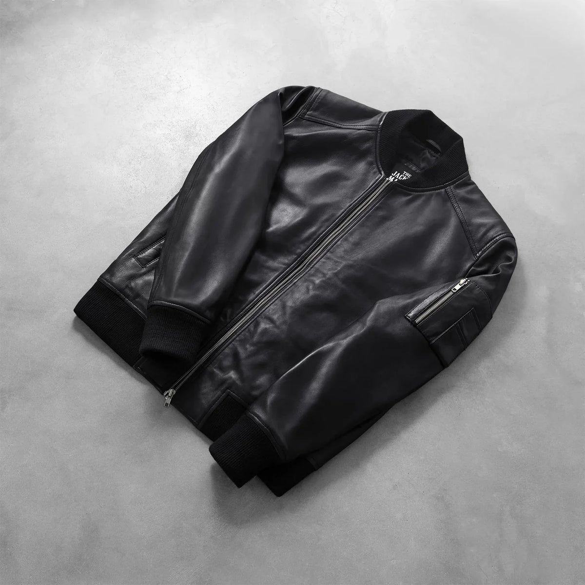 
Rib Knit & Hem Craftsmanship Construction Detail on Bomia Ma-1 Black Leather Bomber Jacket
