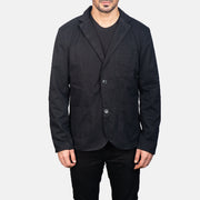 Vue détaillée of Notch &amp; Button Hardware on Borges Noir Blazer en Cuir pour Homme