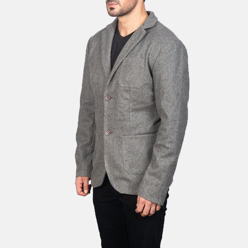 Grey Synthetic Wool Leather Blazer - Vue de dos avec coupe ajustée aux épaules &amp; ourlet soigné