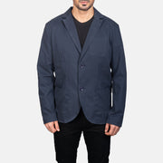 Vue détaillée of Notch &amp; Button Hardware on Borges Navy Bleu Blazer en Cuir pour Homme