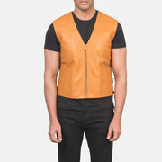Vue détaillée of Classic Collar &amp; Zipper Hardware on Men's Brandon Camel Marron Gilet en Cuir pour Homme