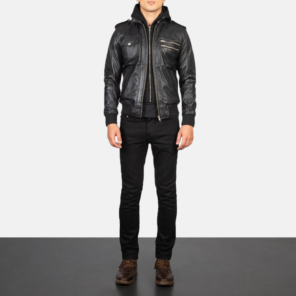 Men's Bravado Black Hooded Leather Bomber Jacket - Vue de profil avec coupe de manche ergonomique