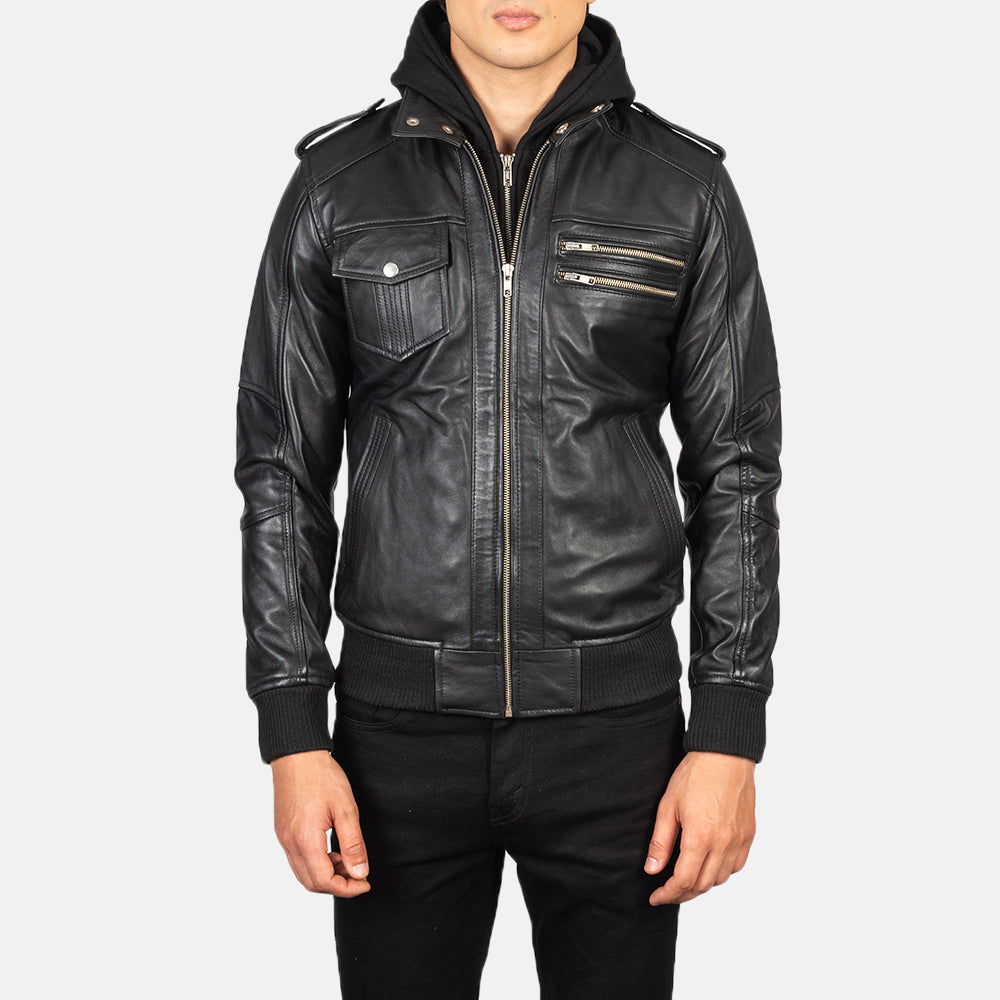 Vue détaillée of High Neck &amp; Zipper Hardware on Men's Bravado Black Hooded Leather Bomber Jacket