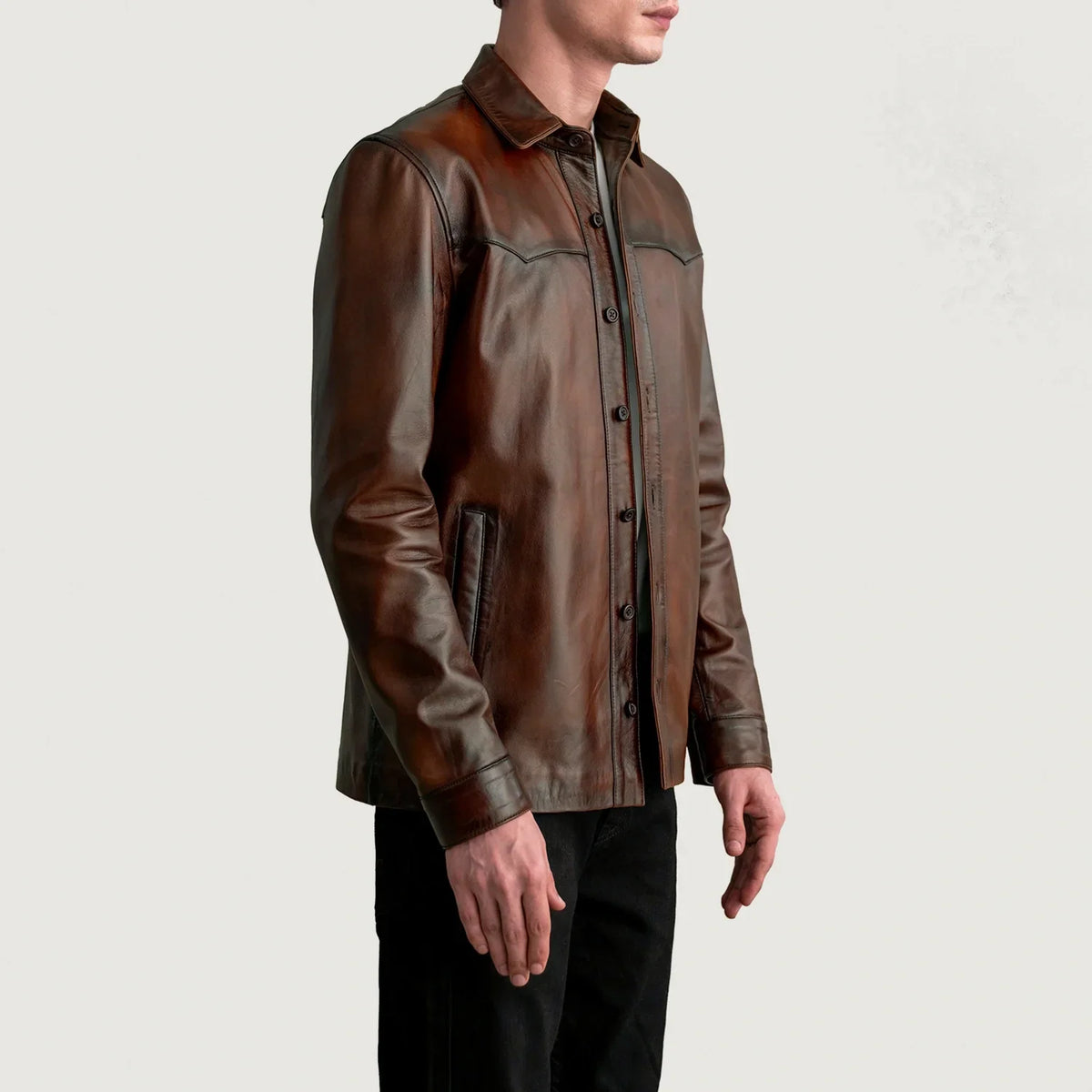 
Distressed Brown Sheepskin leather Jacket - Vue arrière montrant la carrure ajustée et l'ourlet net