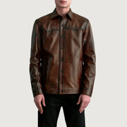 
Bronco Marron Vieilli Leather Shirt pour Homme - Vue de profil mettant en valeur la coupe de manche ergonomique
