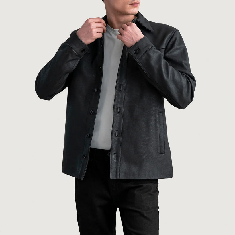 Bronco Tumbled Noir Leather Shirt pour Homme