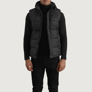 Bryan Noir Puffer Vest pour Homme in Black Full-Grain Leather - Vue de face &amp; silhouette ajustée | Acheter en ligne
