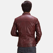 Vue détaillée of Band with Snap Button &amp; Zipper Hardware on Burgunn Dee Bordeaux Veste Motard en Cuir pour Homme