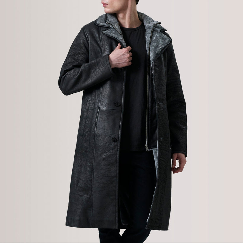 Cai Patine Usée Noir Leather Shearling Manteau en Cuir pour Homme