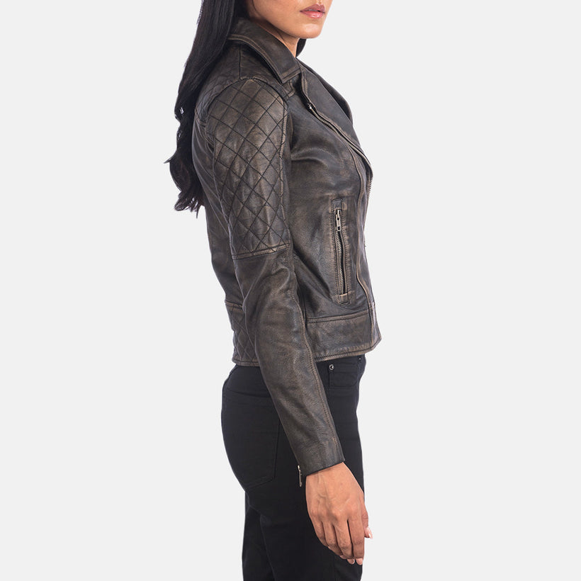 Carolyn Matelassé Patine Usée Marron Veste Motard en Cuir pour Femme