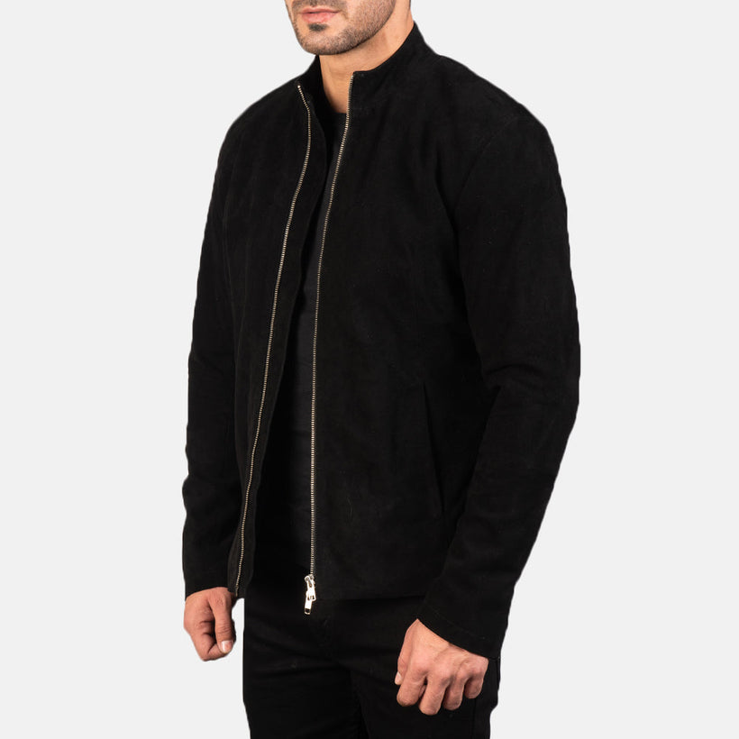 Charcoal Noir Suede Veste Motard en Cuir pour Homme
