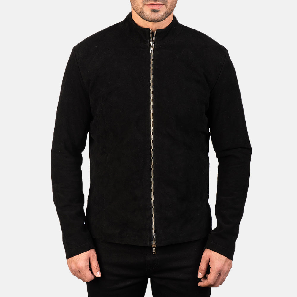 Vue détaillée of Mandarin &amp; Zipper with Dual Puller Hardware on Men's Charcoal Noir Suede Veste Motard en Cuir pour Homme