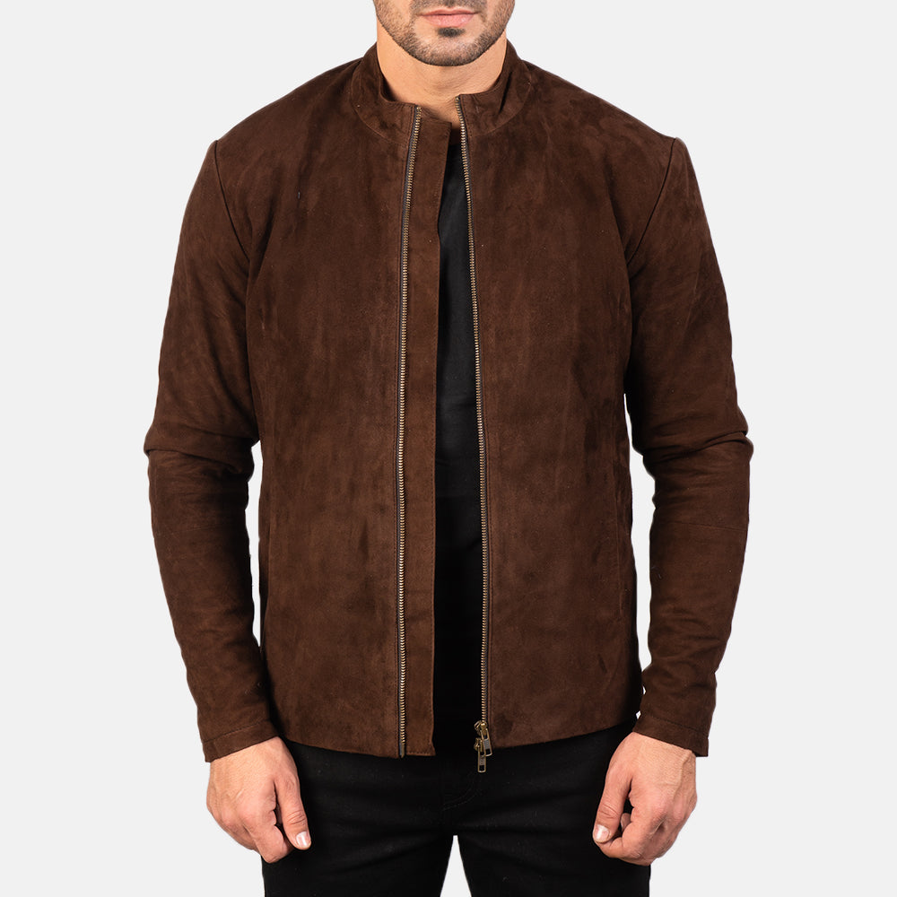 Men's Charcoal Mocha Suede Veste Motard en Cuir pour Homme in Dark Brown Goatskin Suede - Vue de face &amp; silhouette ajustée | Acheter en ligne