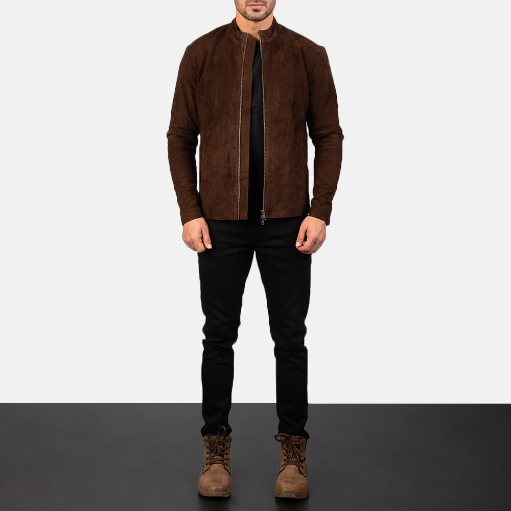 Men's Charcoal Mocha Suede Veste Motard en Cuir pour Homme - Vue de profil avec coupe de manche ergonomique