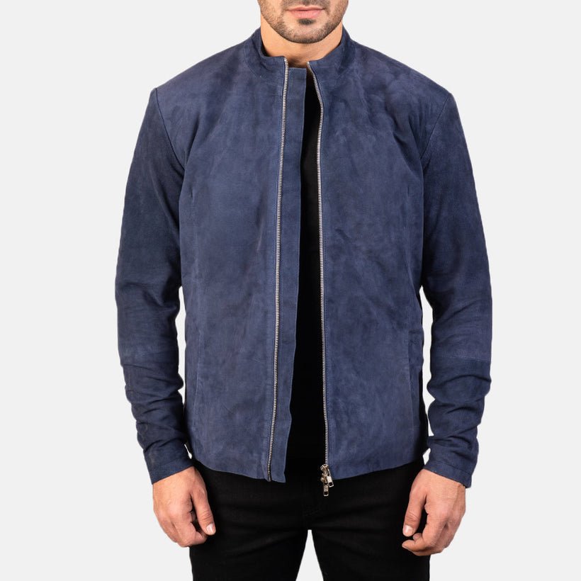 Men's Charcoal Navy Blue Suede Biker Jacket in Navy Blue Goatskin Suede - Front Profile View & Tailored Silhouette | Buy Online