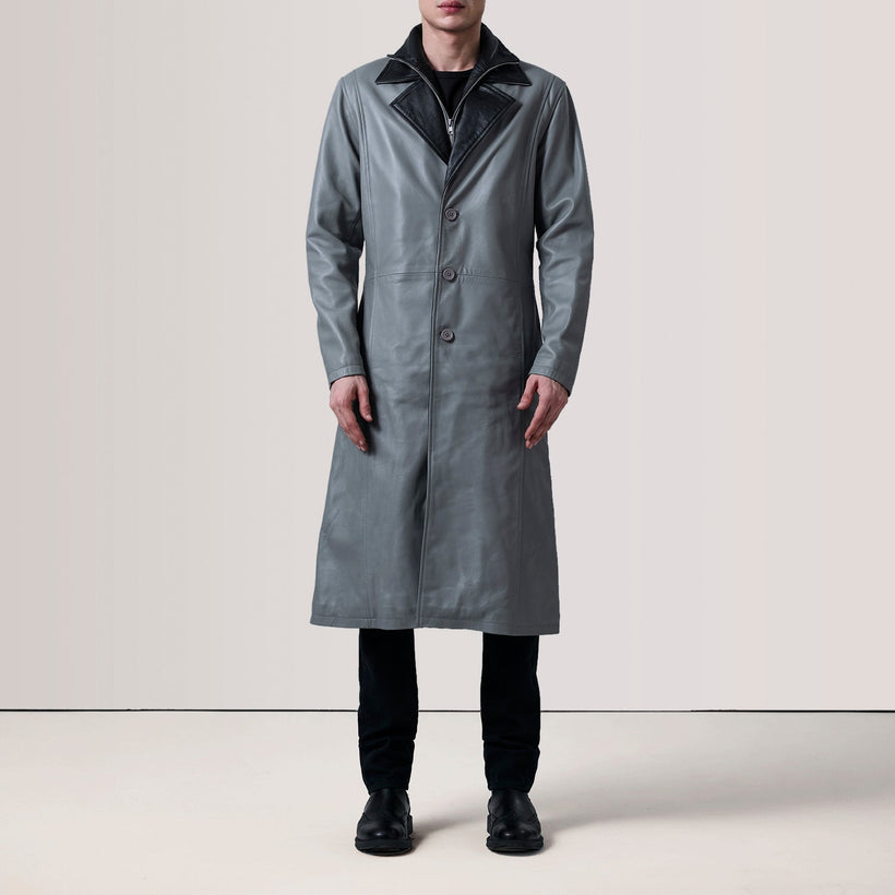 Charlton Gris Leather Single Breasted Manteau en Cuir pour Homme