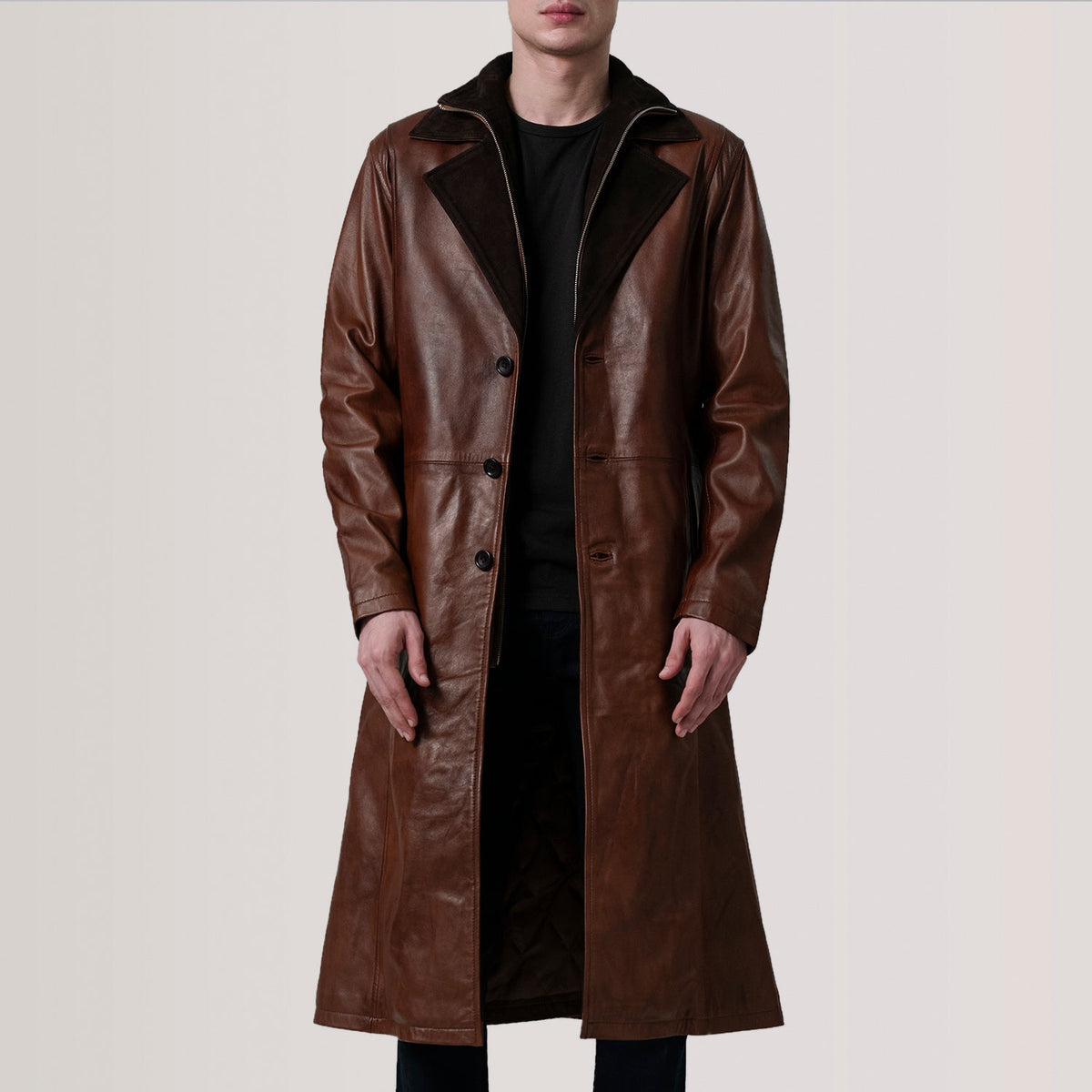 Charlton Waxed Brown Leather Single Breasted Coat For Men in Distressed Brown Sheepskin Burnished - Front Profile View & Tailored Silhouette | Buy Online