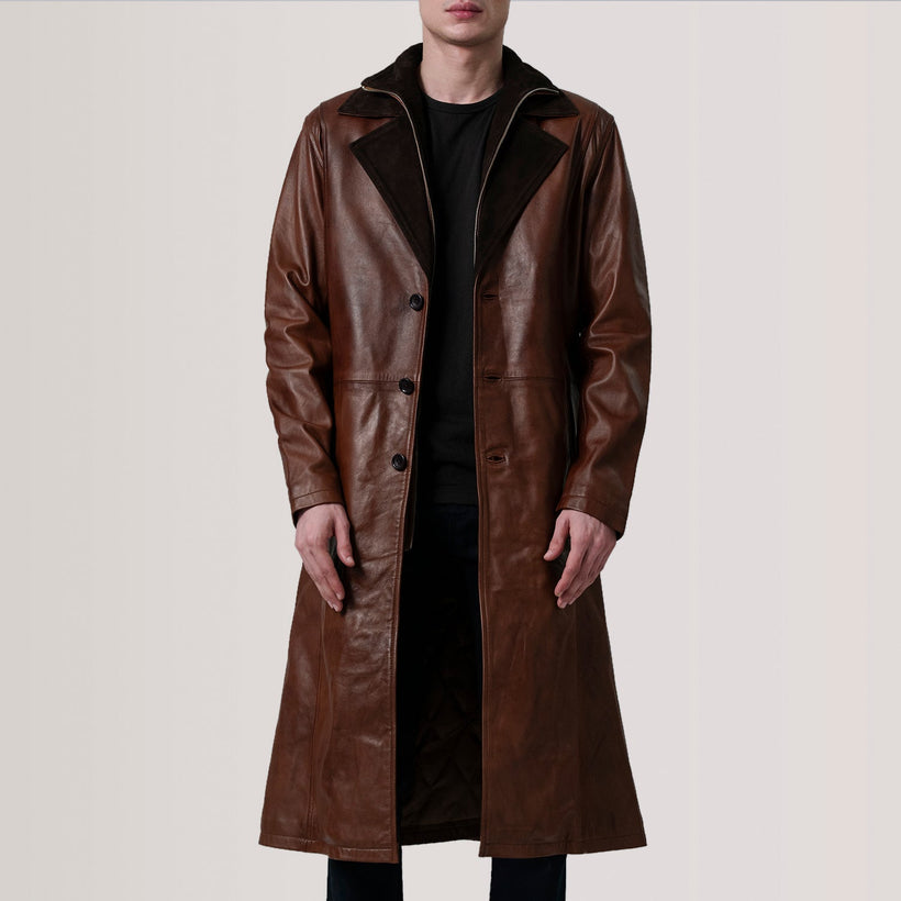 Charlton Waxed Marron Leather Single Breasted Manteau en Cuir pour Homme