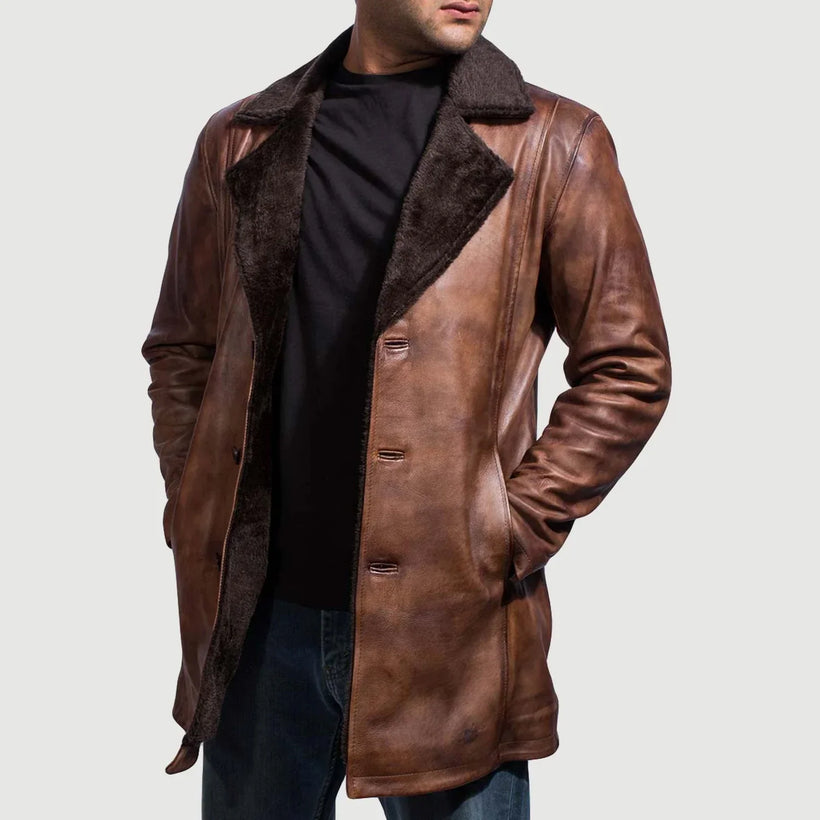 Cinnamon Patine Usée Leather Fur Manteau en Cuir pour Homme