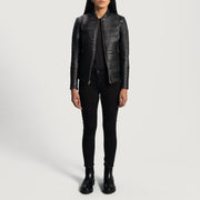 Vue détaillée of Varsity &amp; Zipper Hardware on Women's Cityscape Noir Veste Motard en Cuir pour Femme