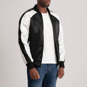 Black &amp; White Satin Varsity Jacket - Vue de dos avec coupe ajustée aux épaules &amp; ourlet soigné