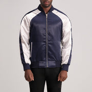 Clarke Bleu Varsity Veste en Cuir pour Homme in Blue &amp; White Satin - Vue de face &amp; silhouette ajustée | Acheter en ligne