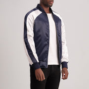 Blue &amp; White Satin Varsity Jacket - Vue de dos avec coupe ajustée aux épaules &amp; ourlet soigné